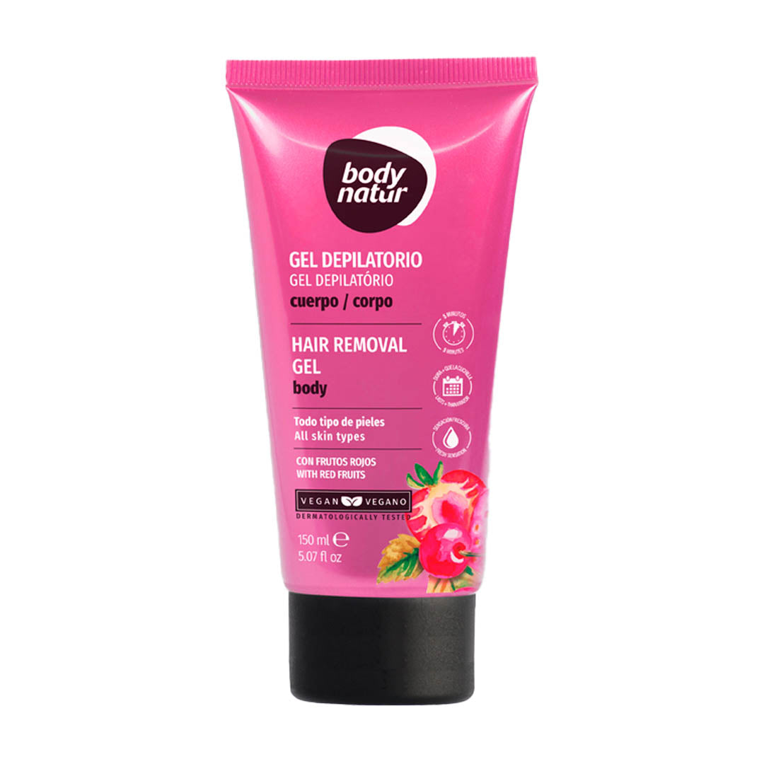 HAIR REMOVAL GEL BODY WITH RED FRUITS Discover the new way to remove unwanted hair with Body Natur’s innovative hair removal gel.  Enjoy a pleasant scent and unbeatable freshness during hair removal.  Gives perfect, easy and painless results after 5 minutes.  Enriched with Red Fruits  Dermatologically tested.